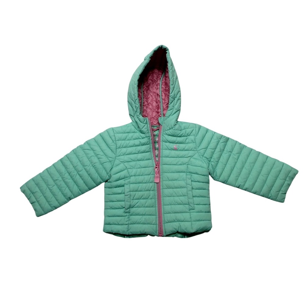 Joules Jacket Toddler Girls 3T Green Hooded Quilted Puffer Pink Lined Winter Zip